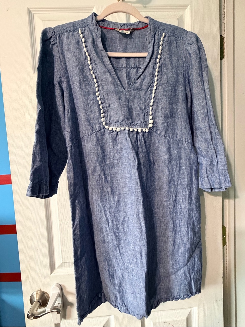 Boden Linen Chambray V-Neck Tunic Dress with Pom Trim - Blue